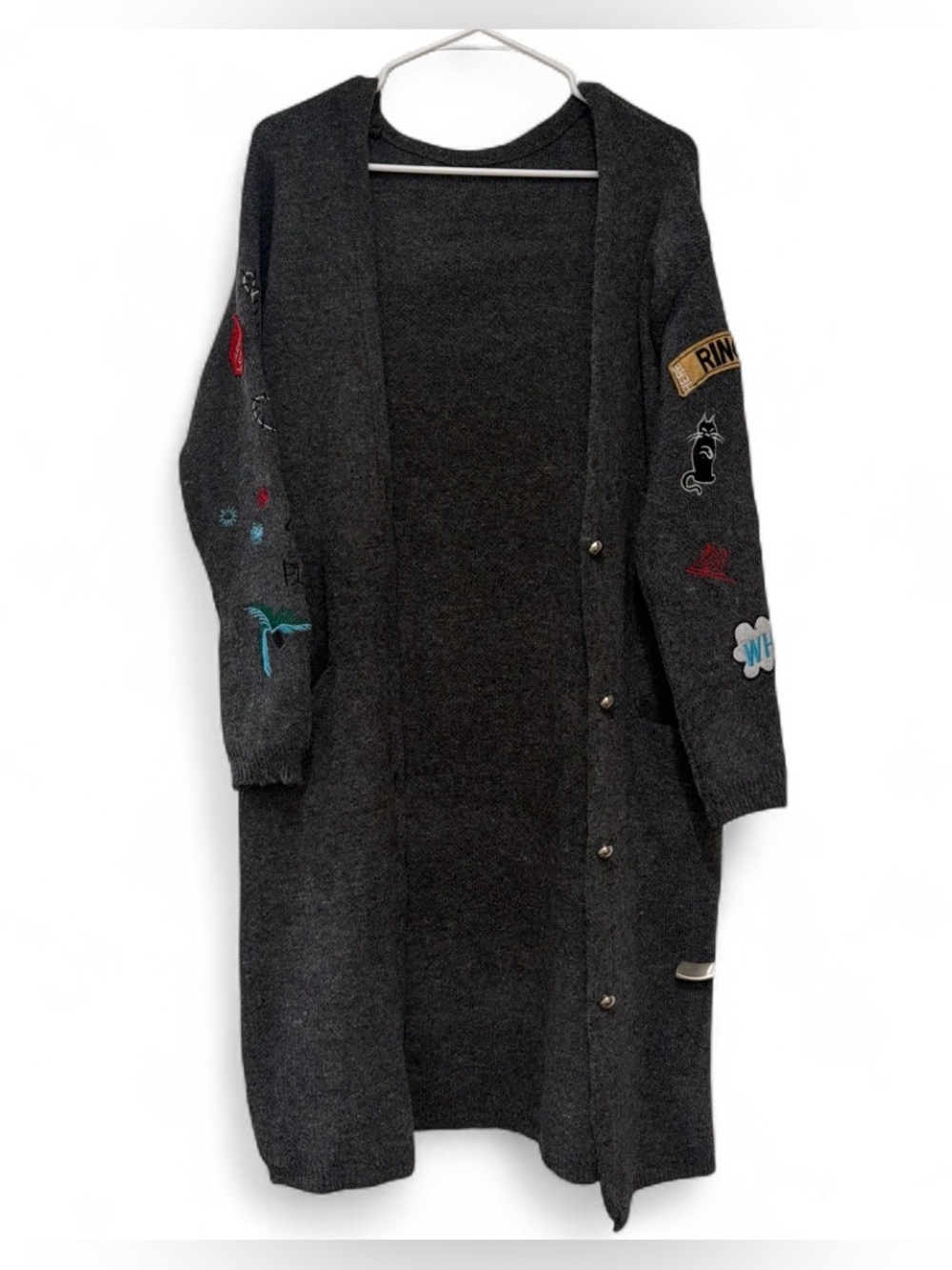 Charcoal Embroidered Patches Long Cardigan Sweater